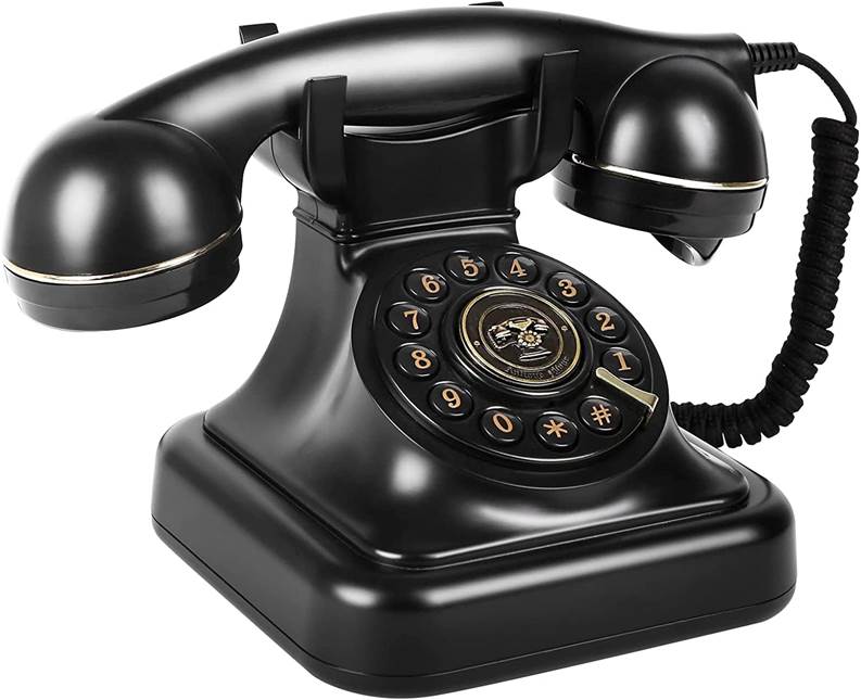 A black telephone with a rotary dial

Description automatically generated