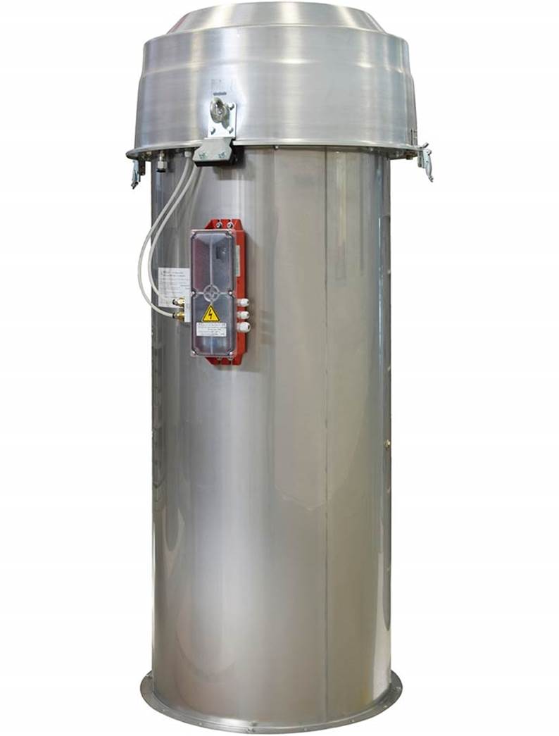 A large silver cylinder with a red lid

Description automatically generated