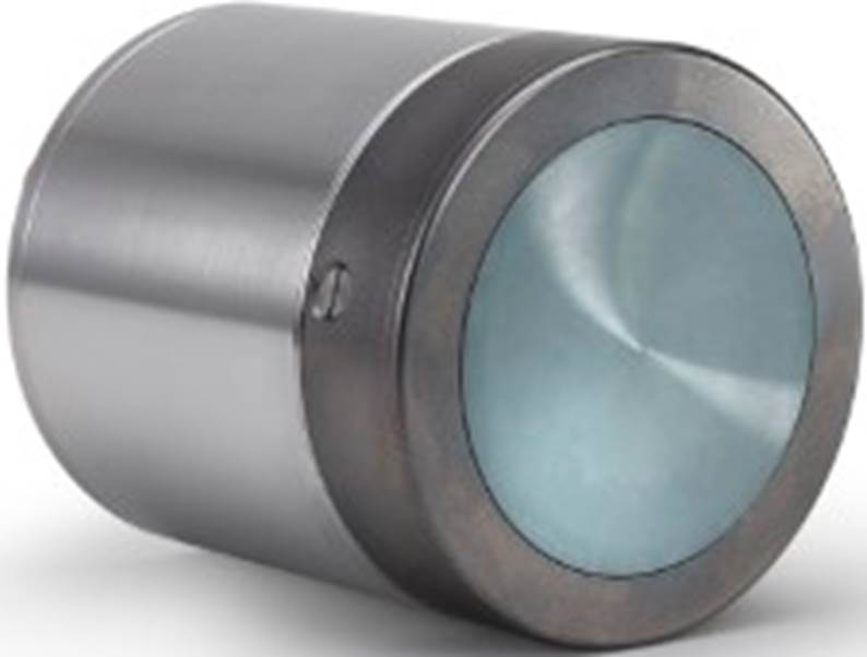 A round metal cylinder with a blue circle

Description automatically generated